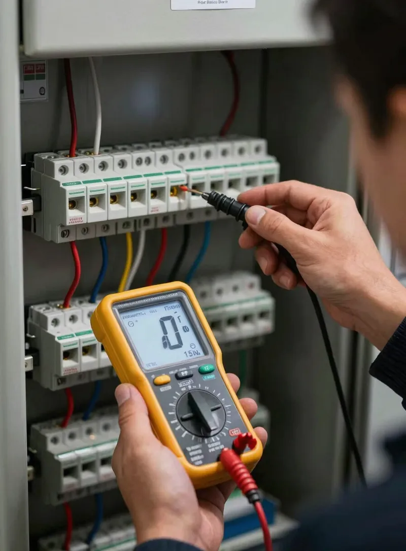 Technician testing a panel with a multimeter